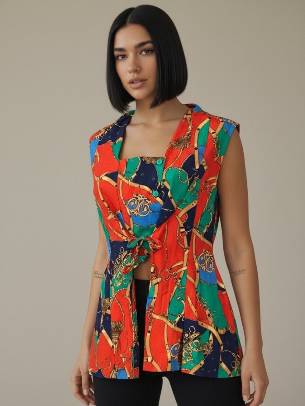 Vintage 80s Equestrian Chain Print Tie Front Vest Top UK 10 US 6 Baroque Rayon
